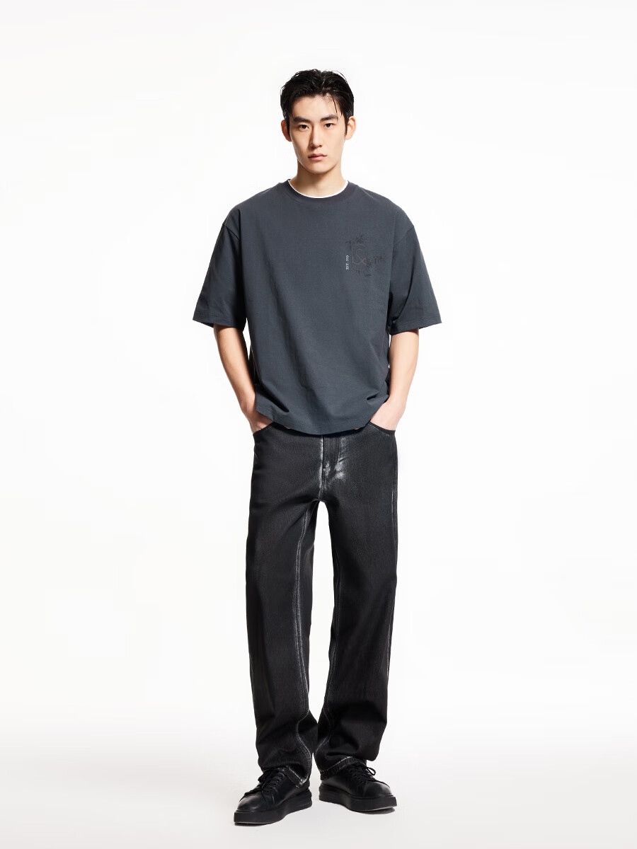 杰克·琼斯（JACK&amp;JONES）男装25年棉质凉感短袖T恤男士夏季潮流宽松卡通熊猫印花半袖t恤 E44黑砂色 宽松版，卡码拍小 M 175