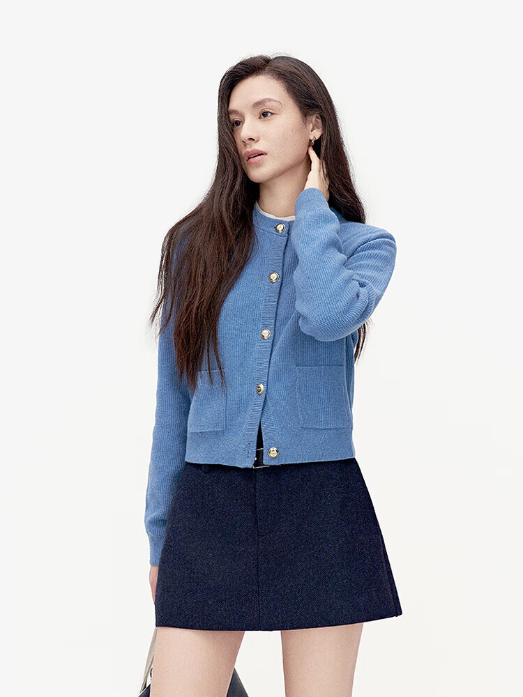 欧时力OCHIRLY 澳大利亚100%美丽诺羊毛毛衣女气质松弛感春夏季 浅蓝 L