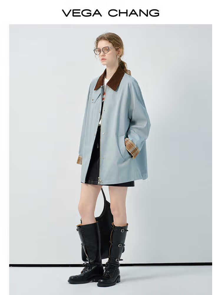 VEGA CHANG风衣女2025新款秋季撞色拼接设计美式户外感外套上衣 灰天蓝 S