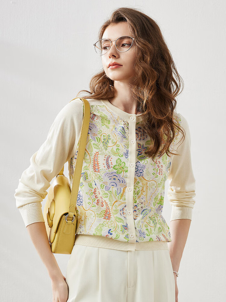 科蒙.博卡2025春夏桑蚕丝新款圆领针织衫女清新印花开衫长袖薄上衣 奶白 L