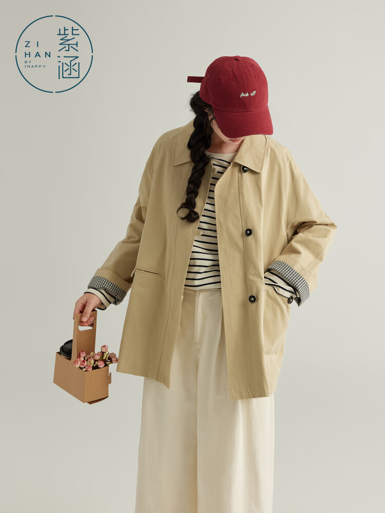 紫涵（ZIHAN）紫涵一手长翻领风衣女2025年春季新款英伦风卡其色简约宽松薄外套 卡其 M