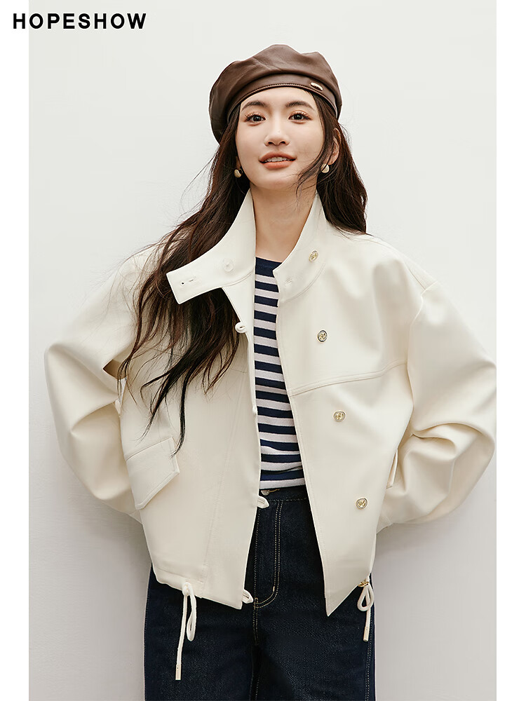 红袖文艺慵懒风衣春季2025新款女装抽绳落肩立领宽松休闲百搭短外套 米010 S